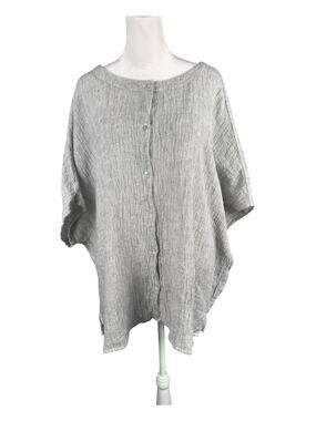 Tahari Oversize L 100% Linen Dolman Short Sleeve Button Up Top Grey Lagenlook